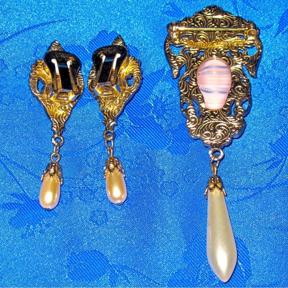 VINTAGE DROP PEARL & AGATE RHINESTONE GOLD-TONE CLIP EARRINGS & BROOCH GORGEOUS! - Picture 9 of 10